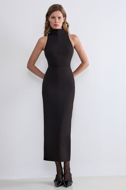High-Neck Bodycon Midi Dress