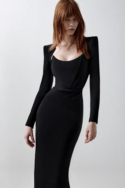 Sheath dress with statement shoulders