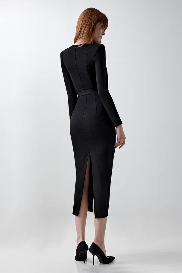 Sheath dress with statement shoulders