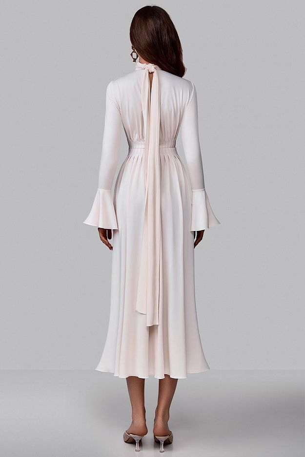Pleated Bow-Neck Midi Dress
