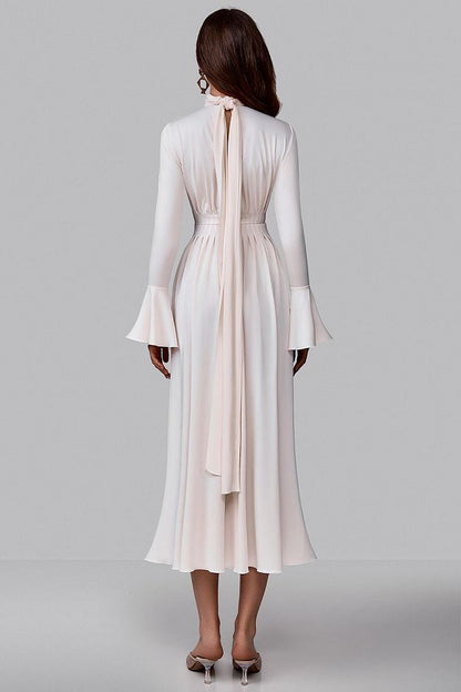 Pleated Bow-Neck Midi Dress