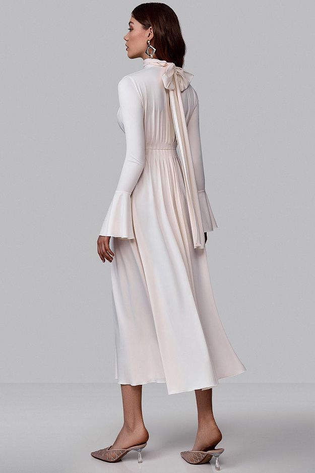 Pleated Bow-Neck Midi Dress