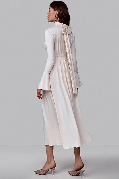 Pleated Bow-Neck Midi Dress