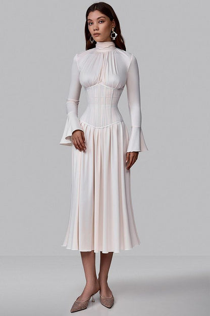 Pleated Bow-Neck Midi Dress