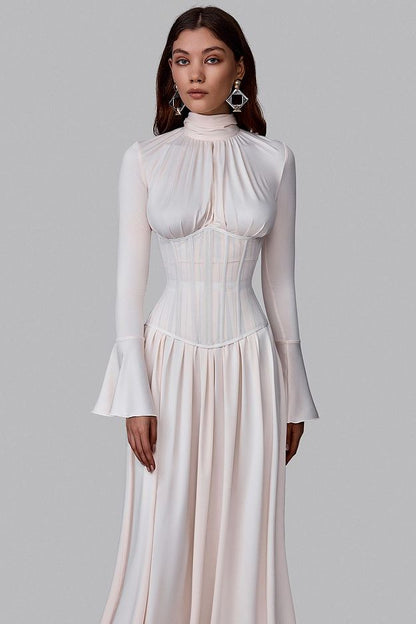 Pleated Bow-Neck Midi Dress