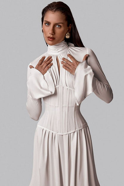 Pleated Bow-Neck Midi Dress