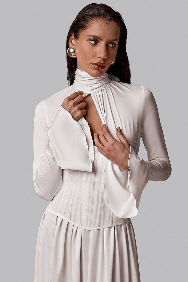 Pleated Bow-Neck Midi Dress