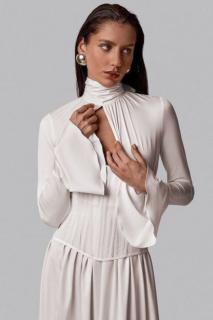 Pleated Bow-Neck Midi Dress