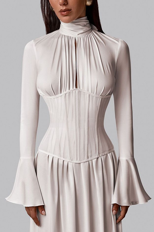 Pleated Bow-Neck Midi Dress
