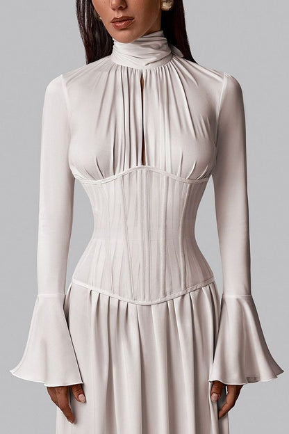 Pleated Bow-Neck Midi Dress