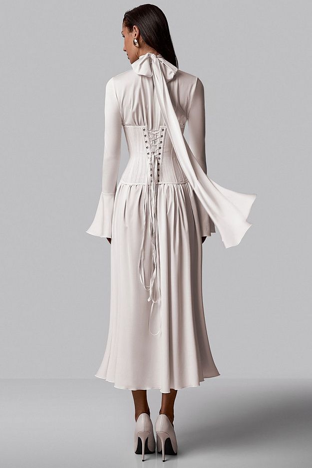 Pleated Bow-Neck Midi Dress