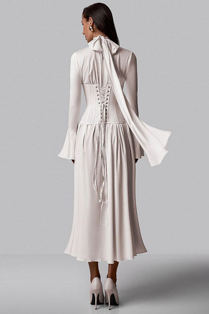 Pleated Bow-Neck Midi Dress