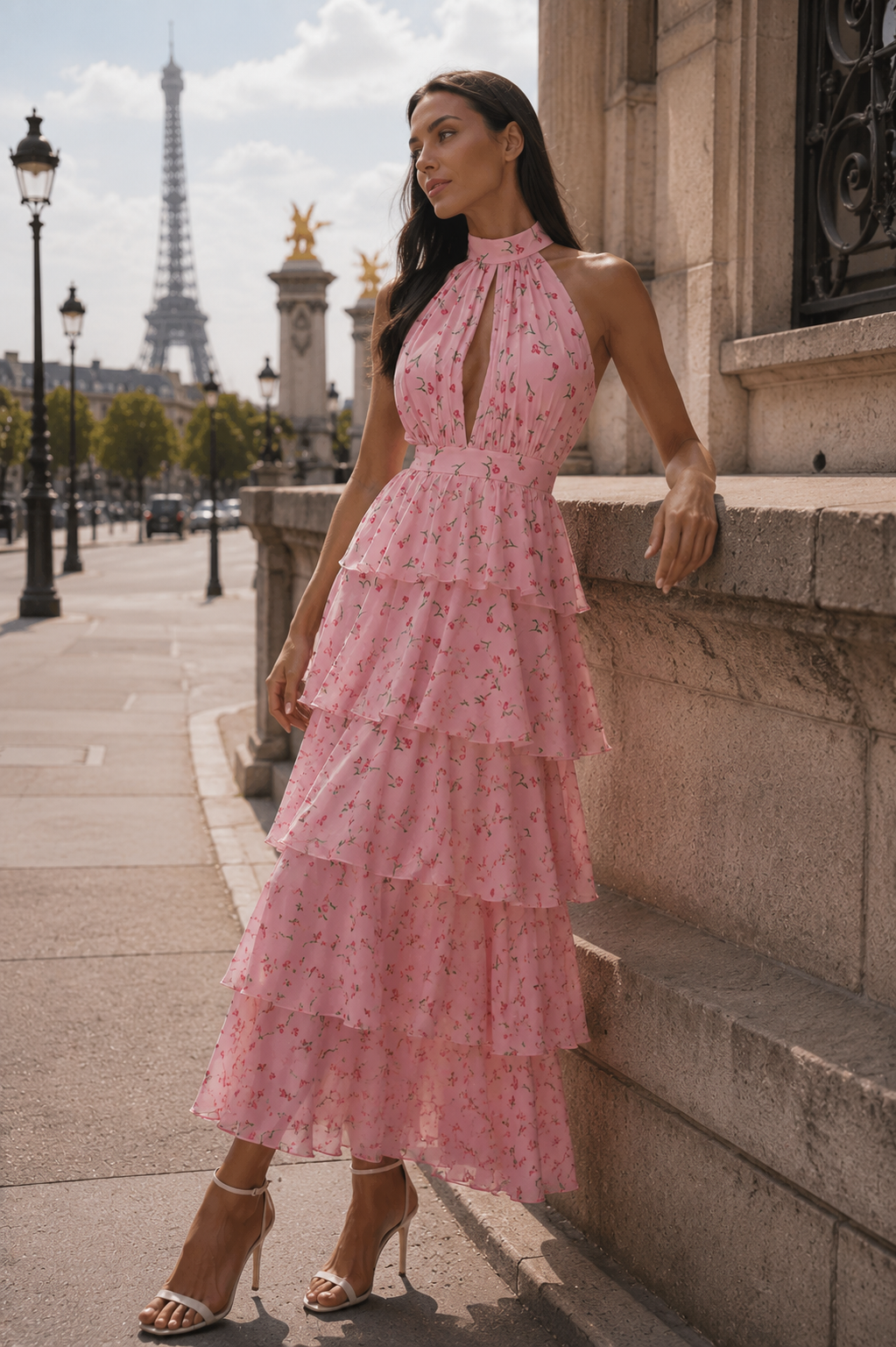Tiered Halter Midi Dress