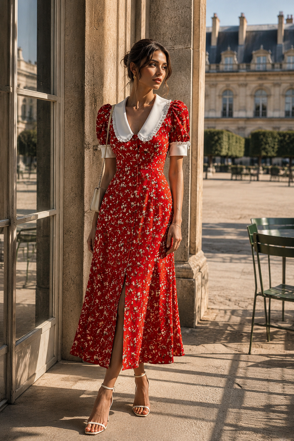 Floral Midi Dress with Contrast Collar