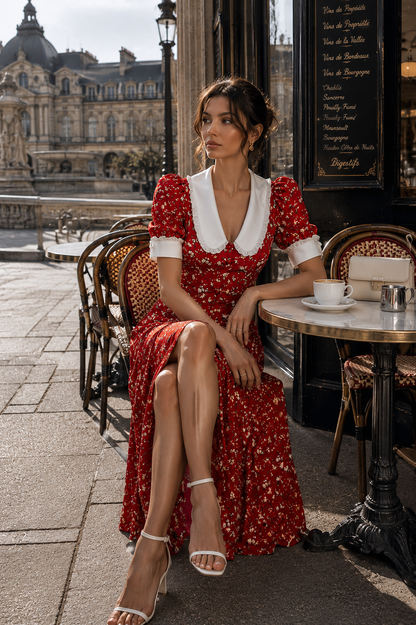 Floral Midi Dress with Contrast Collar