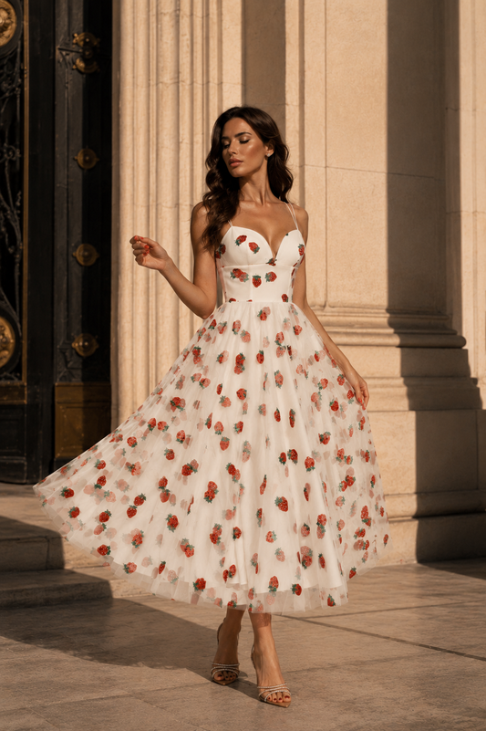 Strawberry Embroidered Midi Dress