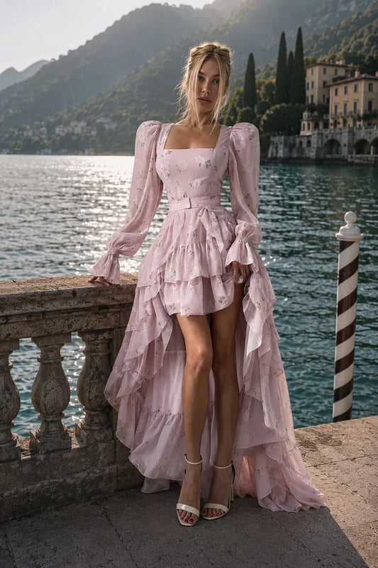 Floral Print Dress with Detachable Train