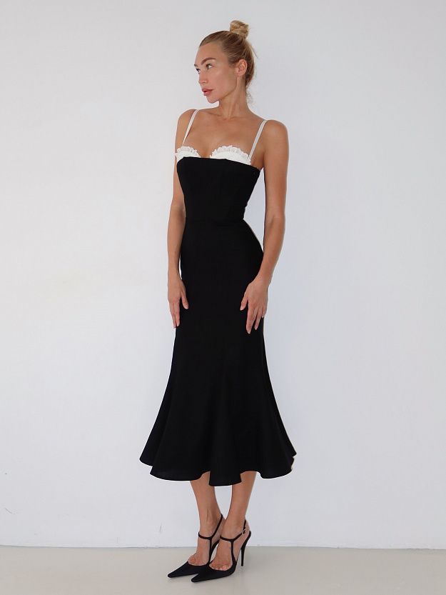 Midi Dress with Embroidery and Detachable Straps