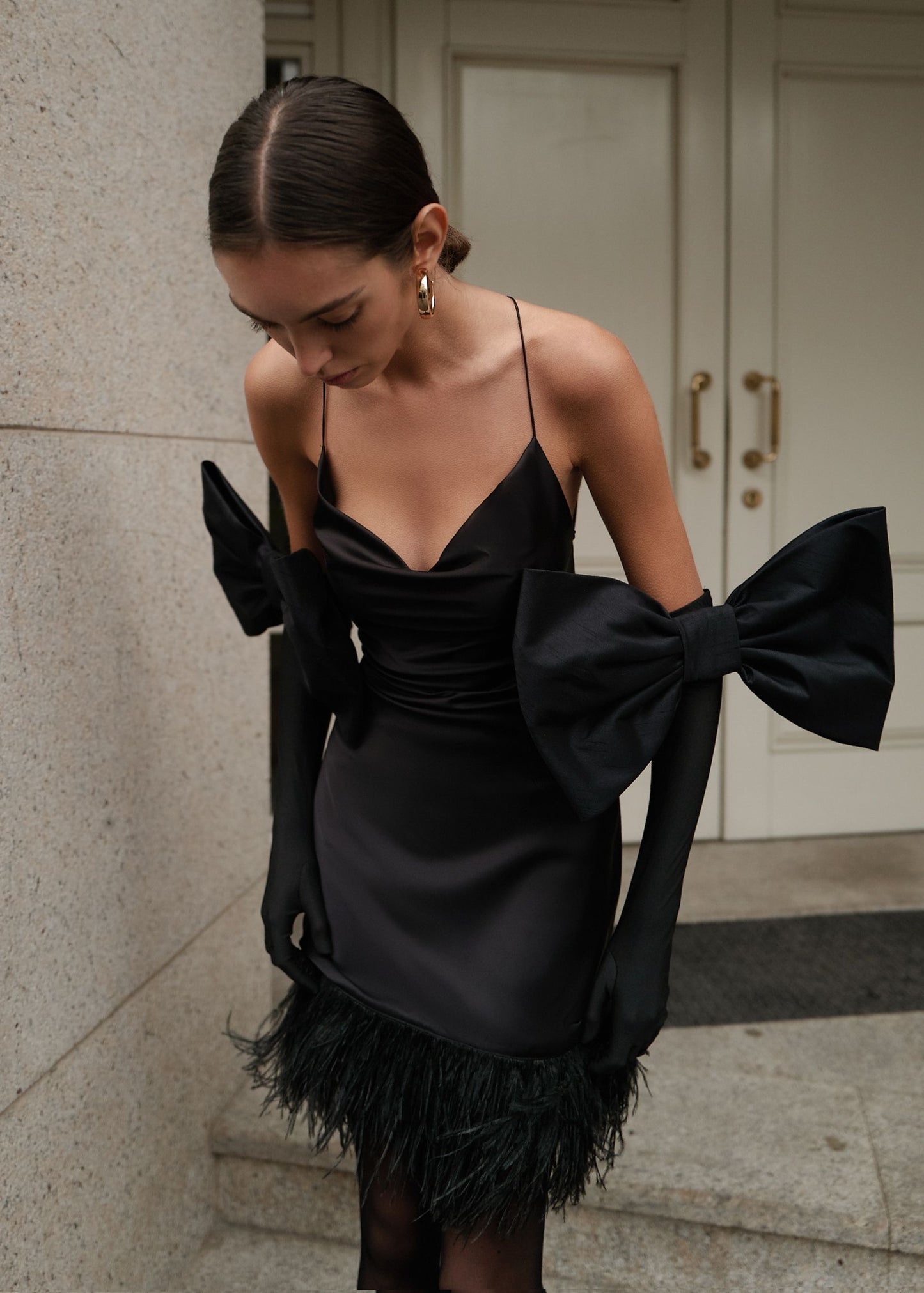 Feathered satin dress
