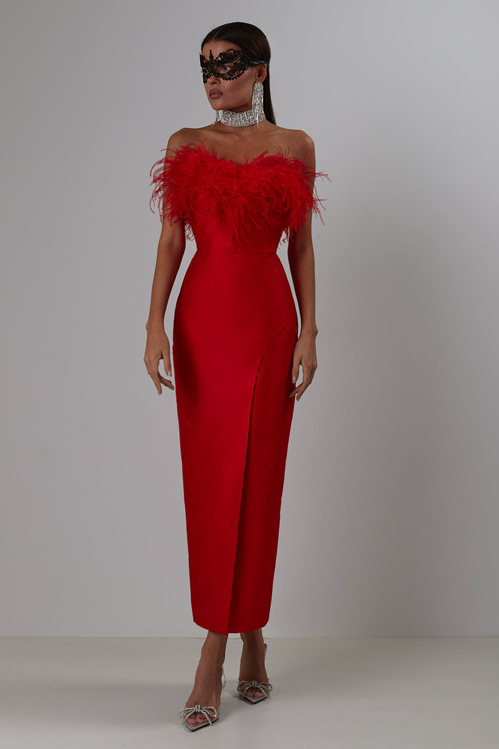 Feathered evening dress