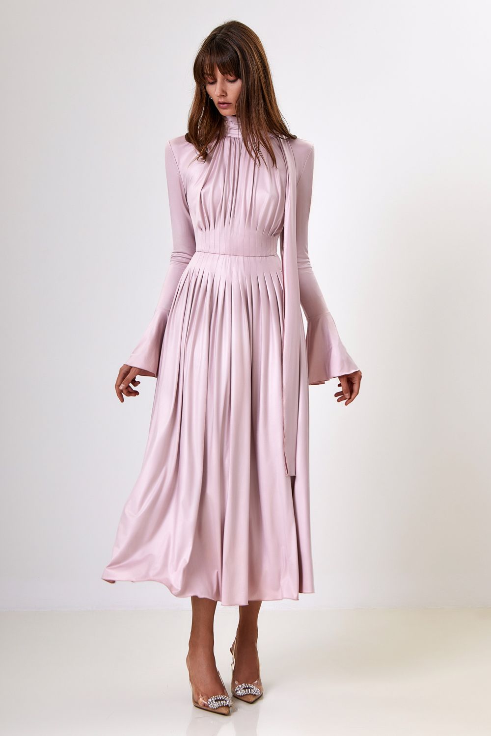 Pleated Bow-Neck Midi Dress