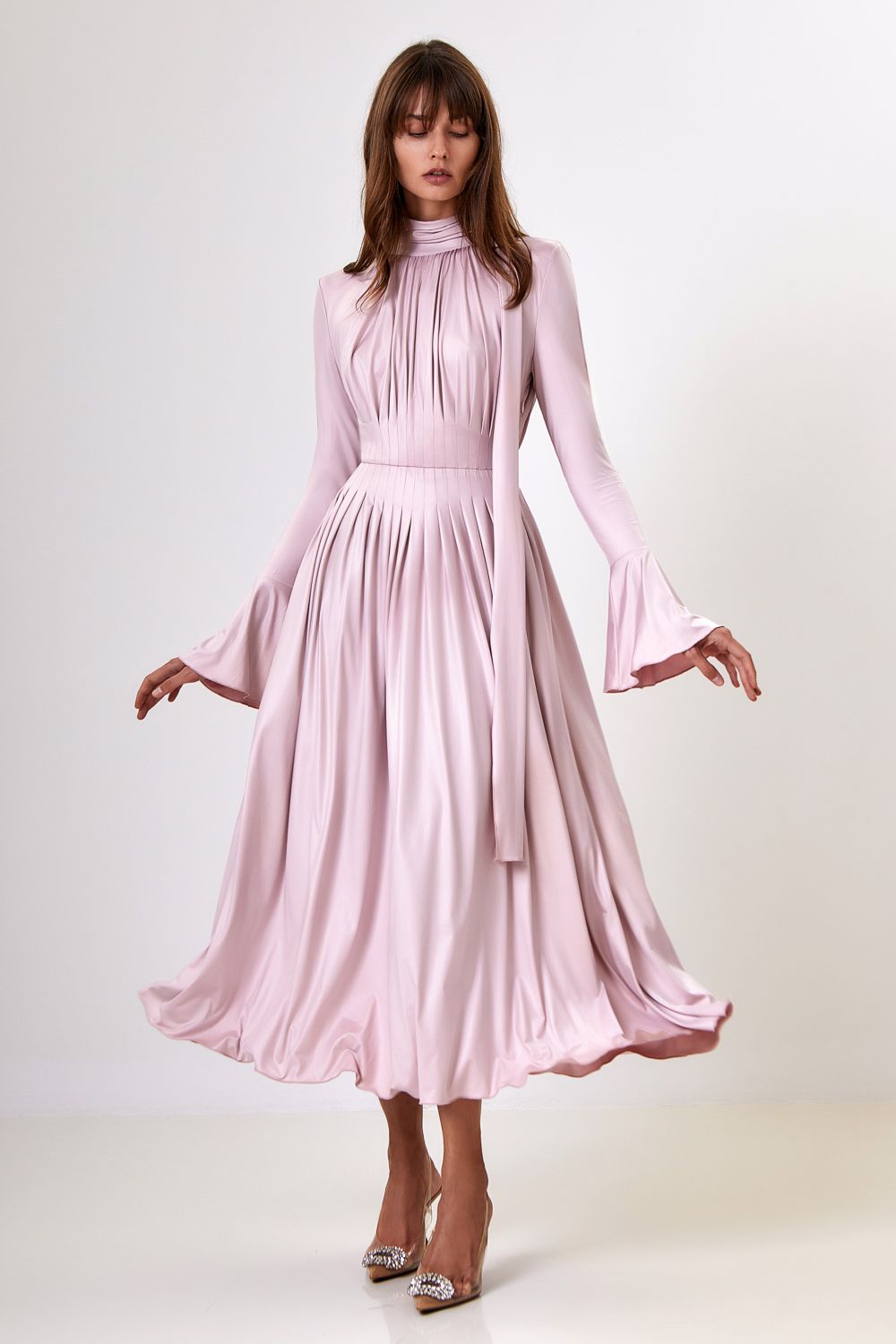 Pleated Bow-Neck Midi Dress