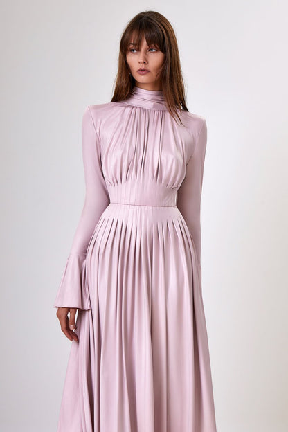 Pleated Bow-Neck Midi Dress
