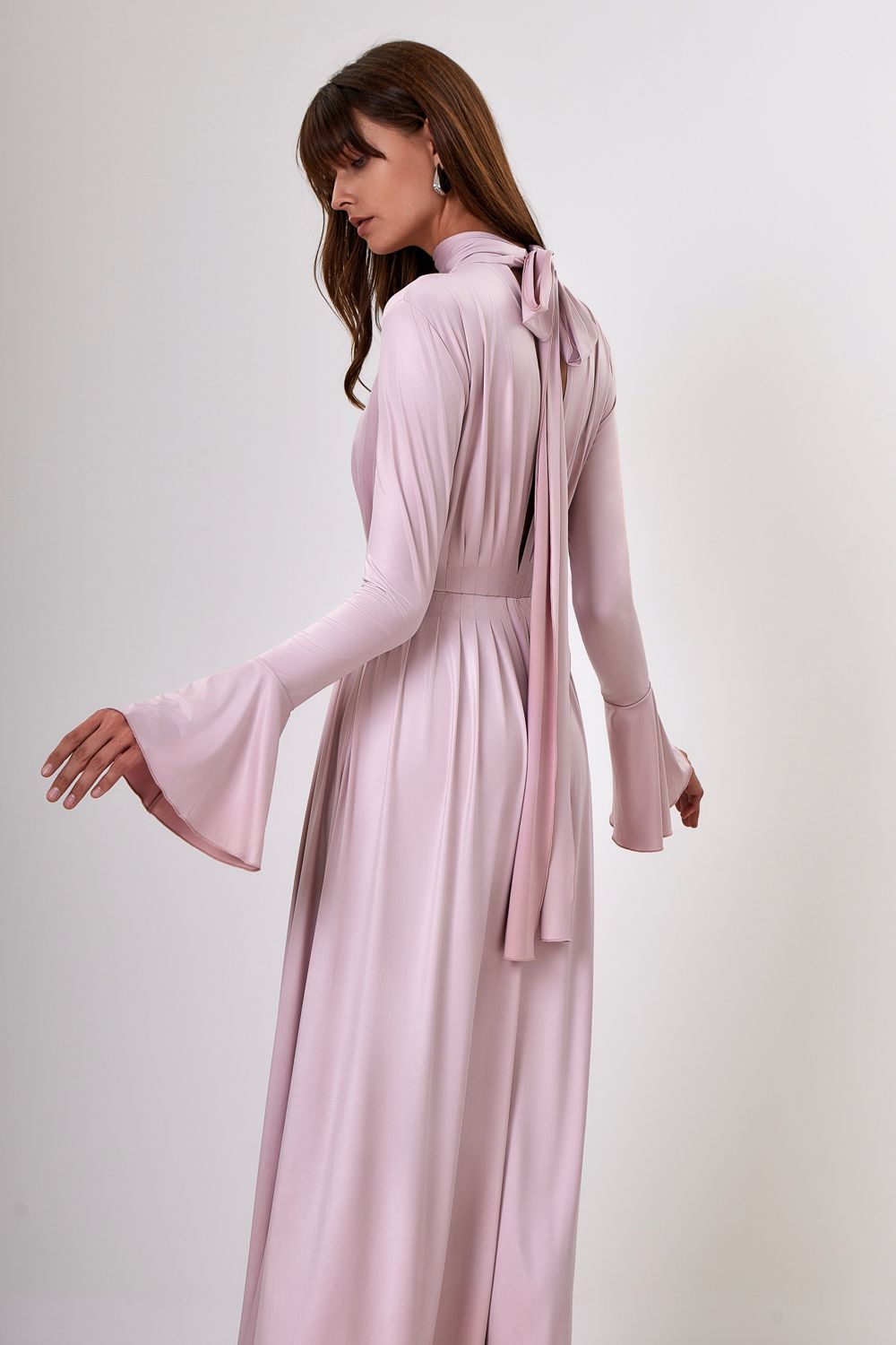 Pleated Bow-Neck Midi Dress