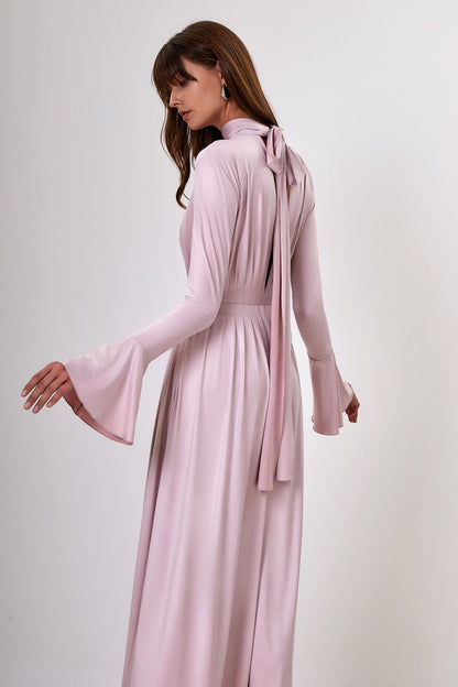 Pleated Bow-Neck Midi Dress
