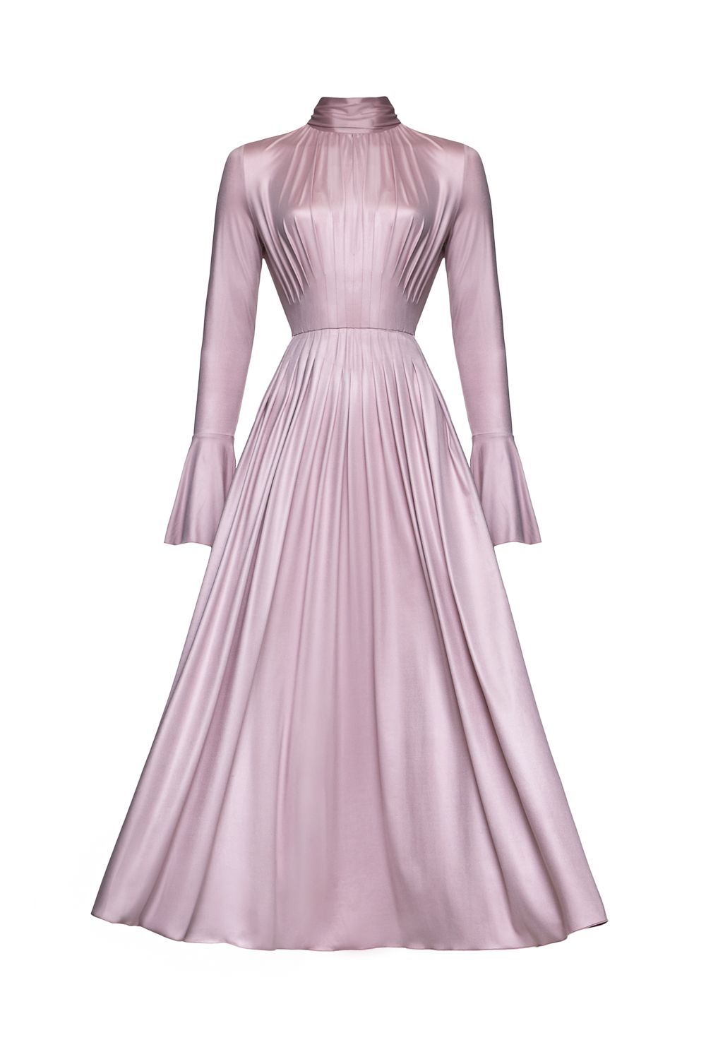 Pleated Bow-Neck Midi Dress