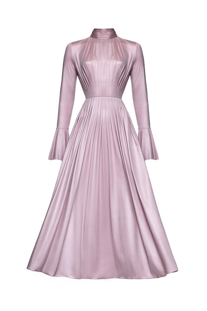Pleated Bow-Neck Midi Dress