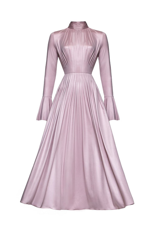 Pleated Bow-Neck Midi Dress